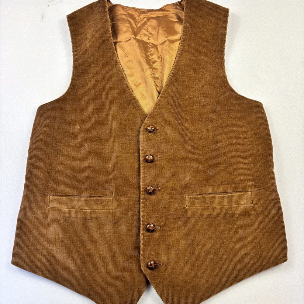 Vintage 80s Sears Robuck Brown Corduroy Vest Leather Buttons Mens Sz 42